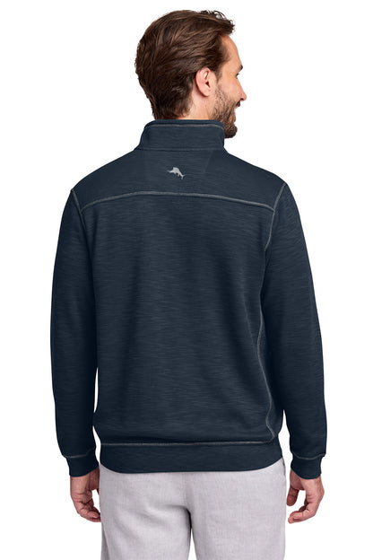 Man wearing a navy blue pullover with a logo on the back, standing against a white background, Tommy Bahama® Tobago Bay 1/2-Zip, Embroidered