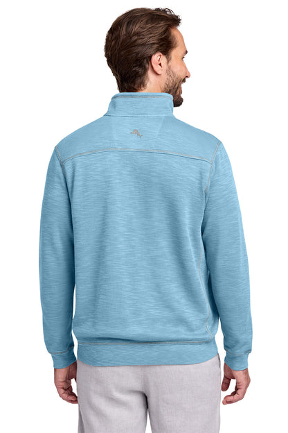 Man wearing a blue sweater with a visible brand logo on a white background, Tommy Bahama® Tobago Bay 1/2-Zip, Embroidered