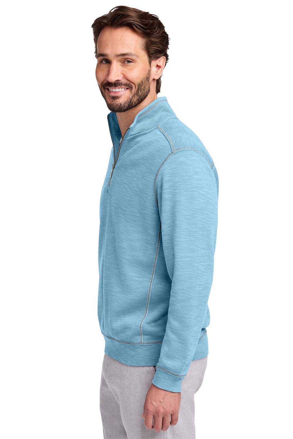 Man wearing a light blue pullover with a white background, Tommy Bahama® Tobago Bay 1/2-Zip, Embroidered