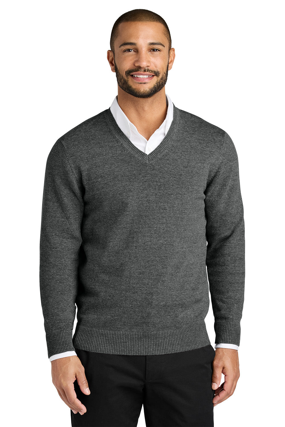 Man wearing a gray sweater over a white shirt on a white background. Port Authority® Easy Care V-Neck Sweater, Embroidered