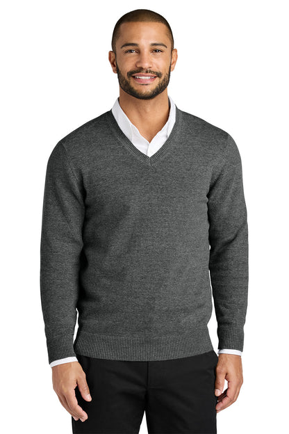 Man wearing a gray sweater over a white shirt on a white background. Port Authority® Easy Care V-Neck Sweater, Embroidered