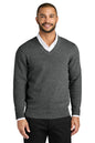 Man wearing a gray sweater over a white shirt on a white background. Port Authority® Easy Care V-Neck Sweater, Embroidered