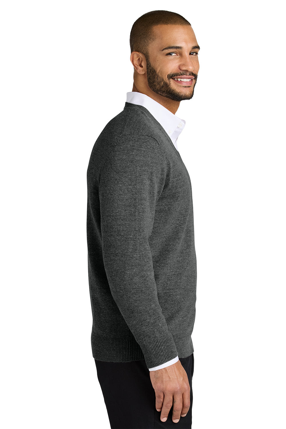 Man wearing a gray sweater over a white shirt on a white background. Port Authority® Easy Care V-Neck Sweater, Embroidered