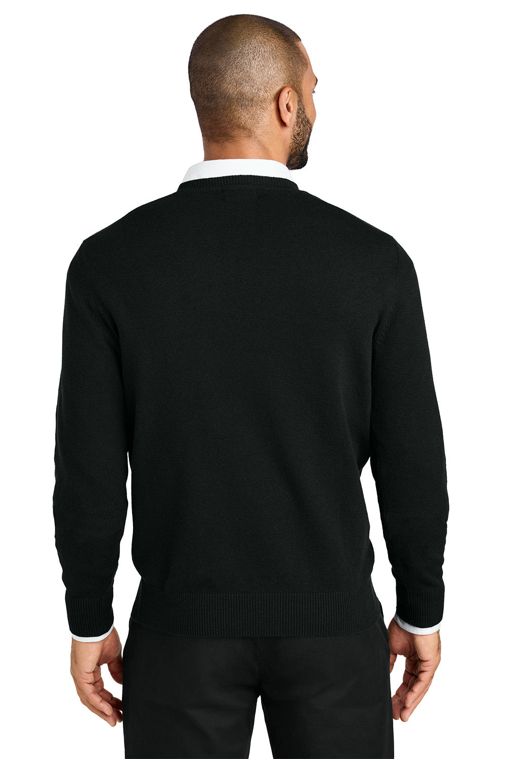 Man wearing a black sweater over a white shirt with a plain background. Port Authority® Easy Care V-Neck Sweater, Embroidered