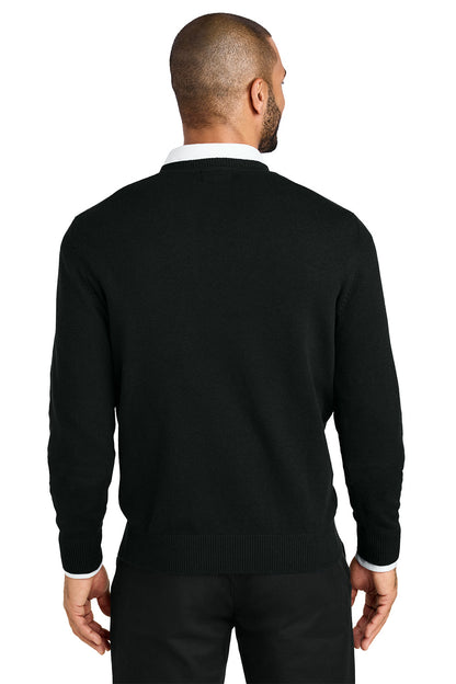 Man wearing a black sweater over a white shirt with a plain background. Port Authority® Easy Care V-Neck Sweater, Embroidered