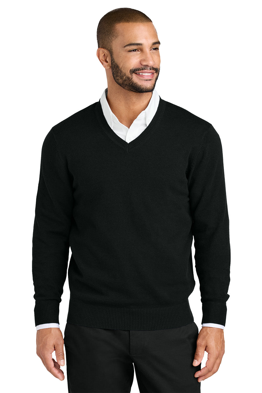 Man wearing a black sweater over a white shirt on a white background. Port Authority® Easy Care V-Neck Sweater, Embroidered