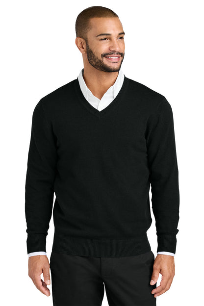 Man wearing a black sweater over a white shirt on a white background. Port Authority® Easy Care V-Neck Sweater, Embroidered