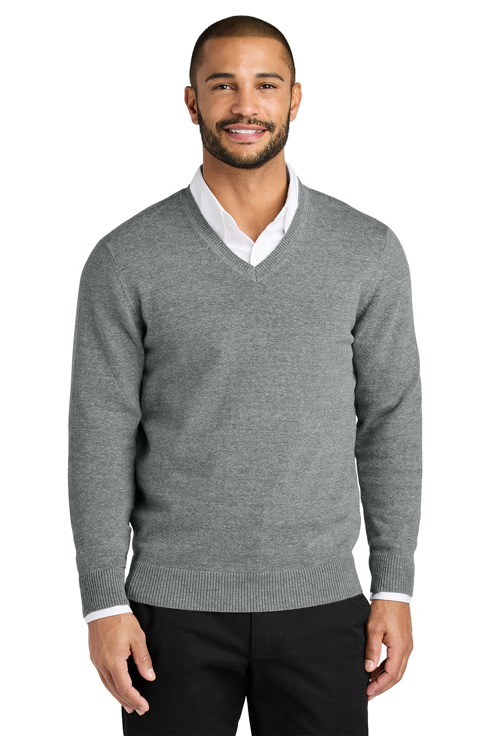 Man wearing a gray sweater over a white shirt on a white background. Port Authority® Easy Care V-Neck Sweater, Embroidered