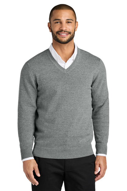 Man wearing a gray sweater over a white shirt on a white background. Port Authority® Easy Care V-Neck Sweater, Embroidered
