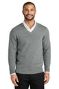 Man wearing a gray sweater over a white shirt on a white background. Port Authority® Easy Care V-Neck Sweater, Embroidered