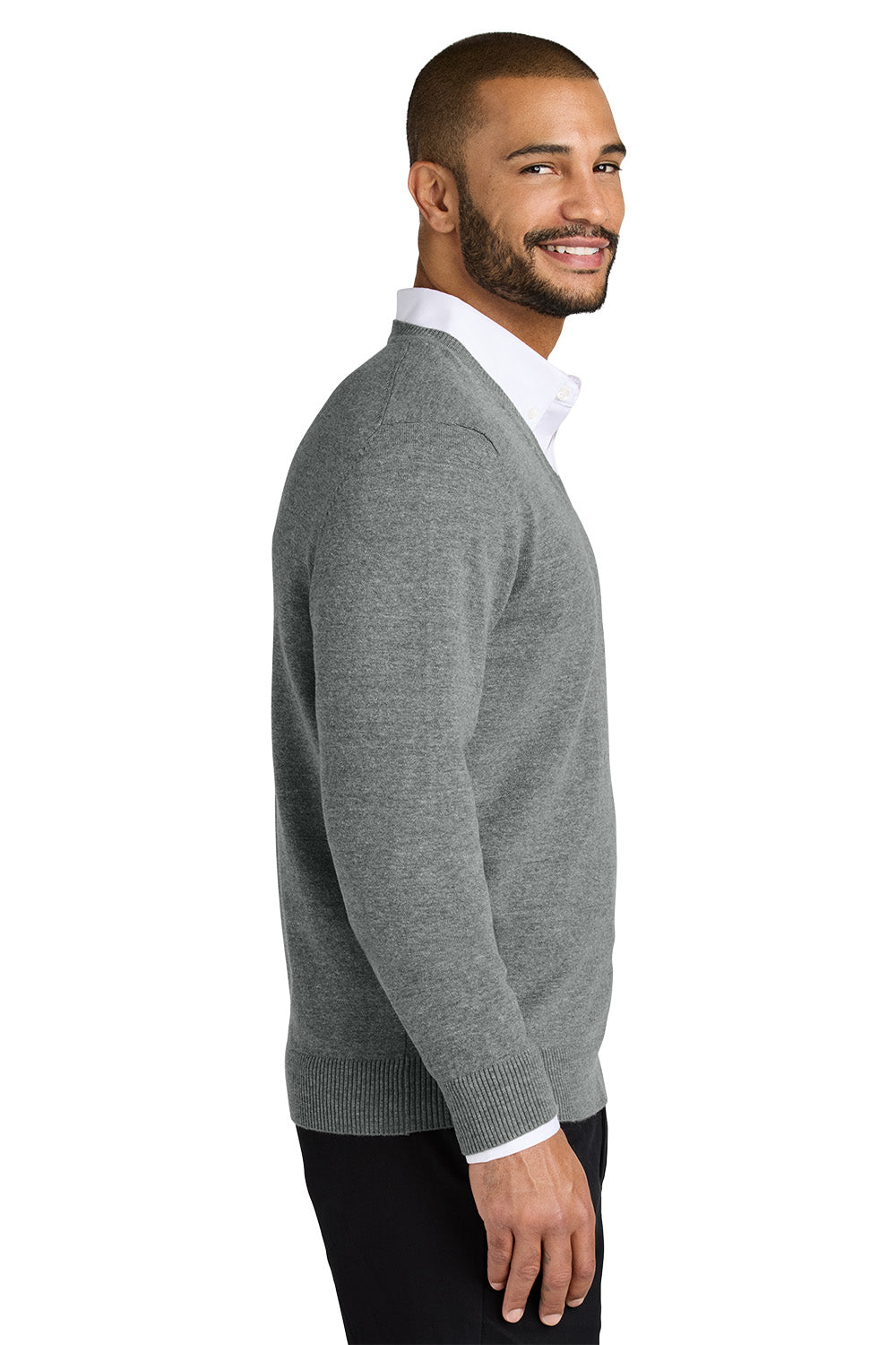 Man wearing a gray sweater over a white shirt on a white background. Port Authority® Easy Care V-Neck Sweater, Embroidered