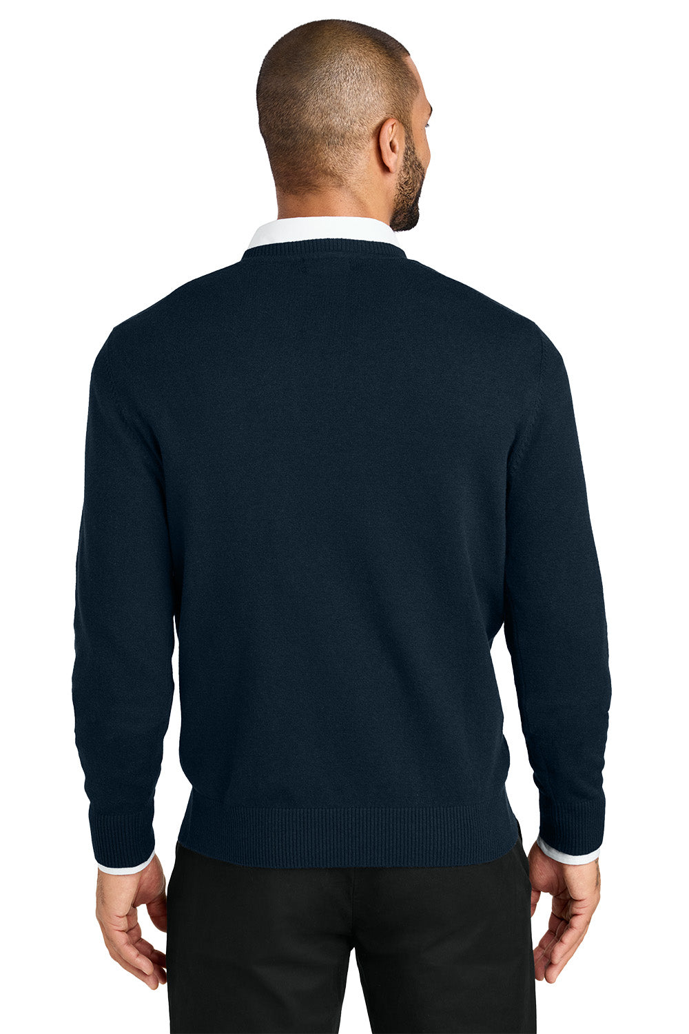 Man wearing a navy sweater on a white background. Port Authority® Easy Care V-Neck Sweater, Embroidered