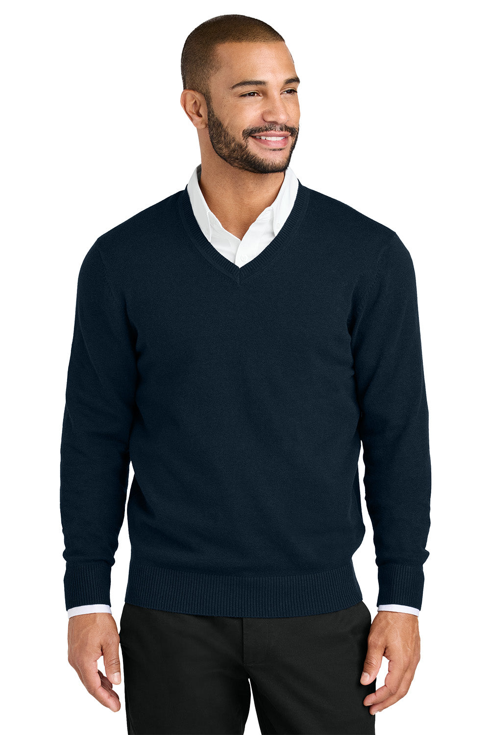 Man wearing a navy sweater over a white shirt on a white background. Port Authority® Easy Care V-Neck Sweater, Embroidered