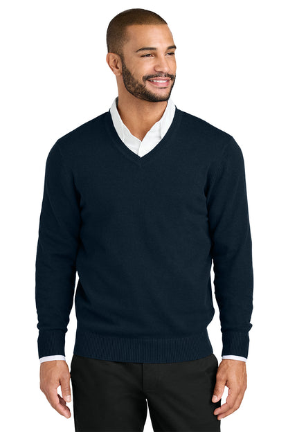 Man wearing a navy sweater over a white shirt on a white background. Port Authority® Easy Care V-Neck Sweater, Embroidered