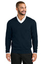 Man wearing a navy sweater over a white shirt on a white background. Port Authority® Easy Care V-Neck Sweater, Embroidered
