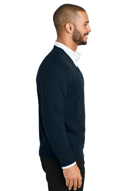 Man wearing a black sweater over a white shirt on a white background. Port Authority® Easy Care V-Neck Sweater, Embroidered