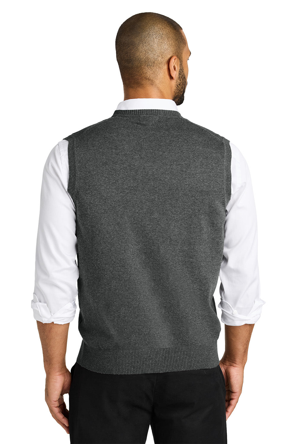 Man wearing a gray sweater vest over a white shirt on a white background. Port Authority® Easy Care Sweater Vest, Embroidered