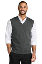 Man wearing a gray sweater vest over a white shirt on a white background. Port Authority® Easy Care Sweater Vest, Embroidered