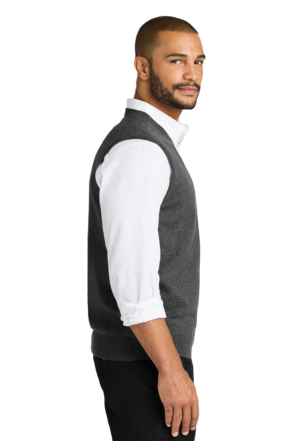 Man wearing a gray sweater vest over a white shirt on a white background. Port Authority® Easy Care Sweater Vest, Embroidered