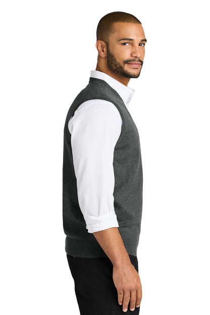 Man wearing a gray sweater vest over a white shirt on a white background. Port Authority® Easy Care Sweater Vest, Embroidered