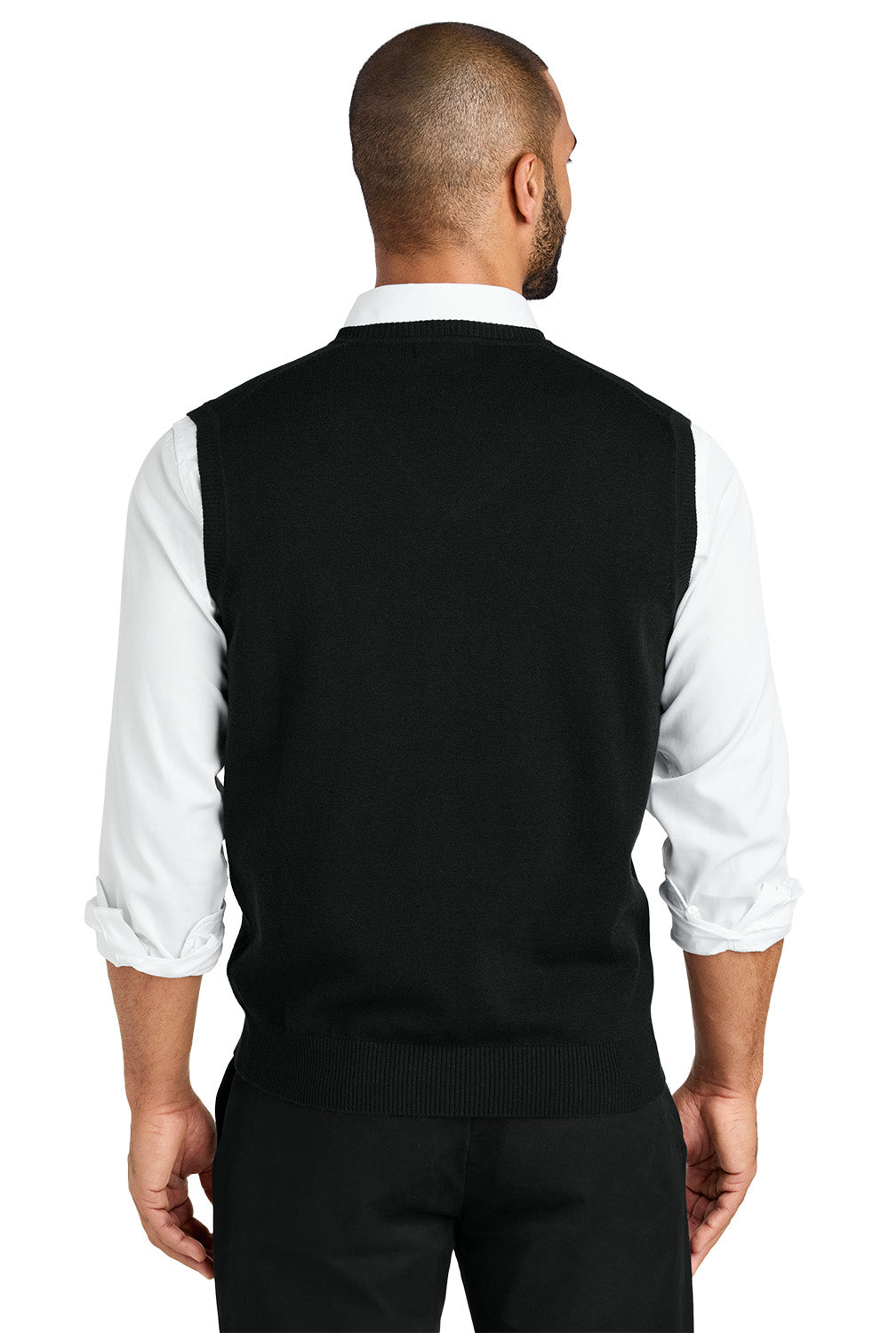 Man wearing a black vest over a white shirt on a white background. Port Authority® Easy Care Sweater Vest, Embroidered