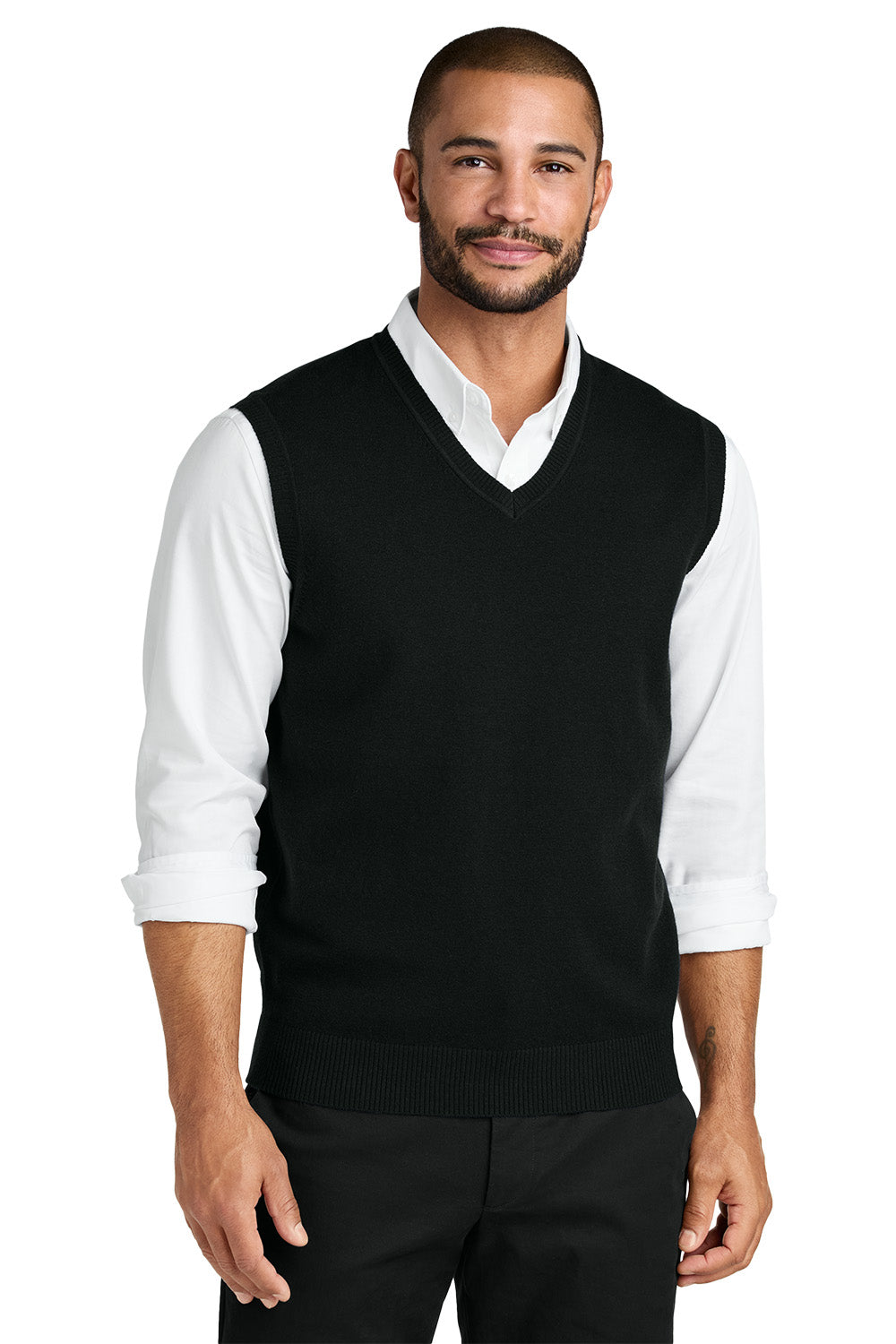Man wearing a black sweater vest over a white shirt on a white background. Port Authority® Easy Care Sweater Vest, Embroidered