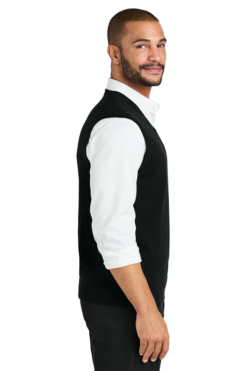 Man wearing a black vest over a white shirt on a white background. Port Authority® Easy Care Sweater Vest, Embroidered