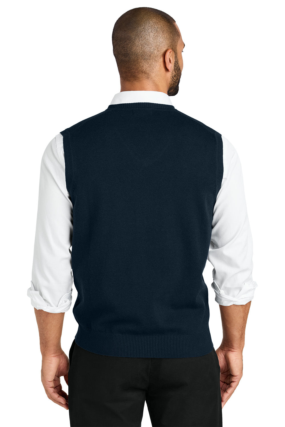Man wearing a navy sweater vest over a white shirt on a white background. Port Authority® Easy Care Sweater Vest, Embroidered