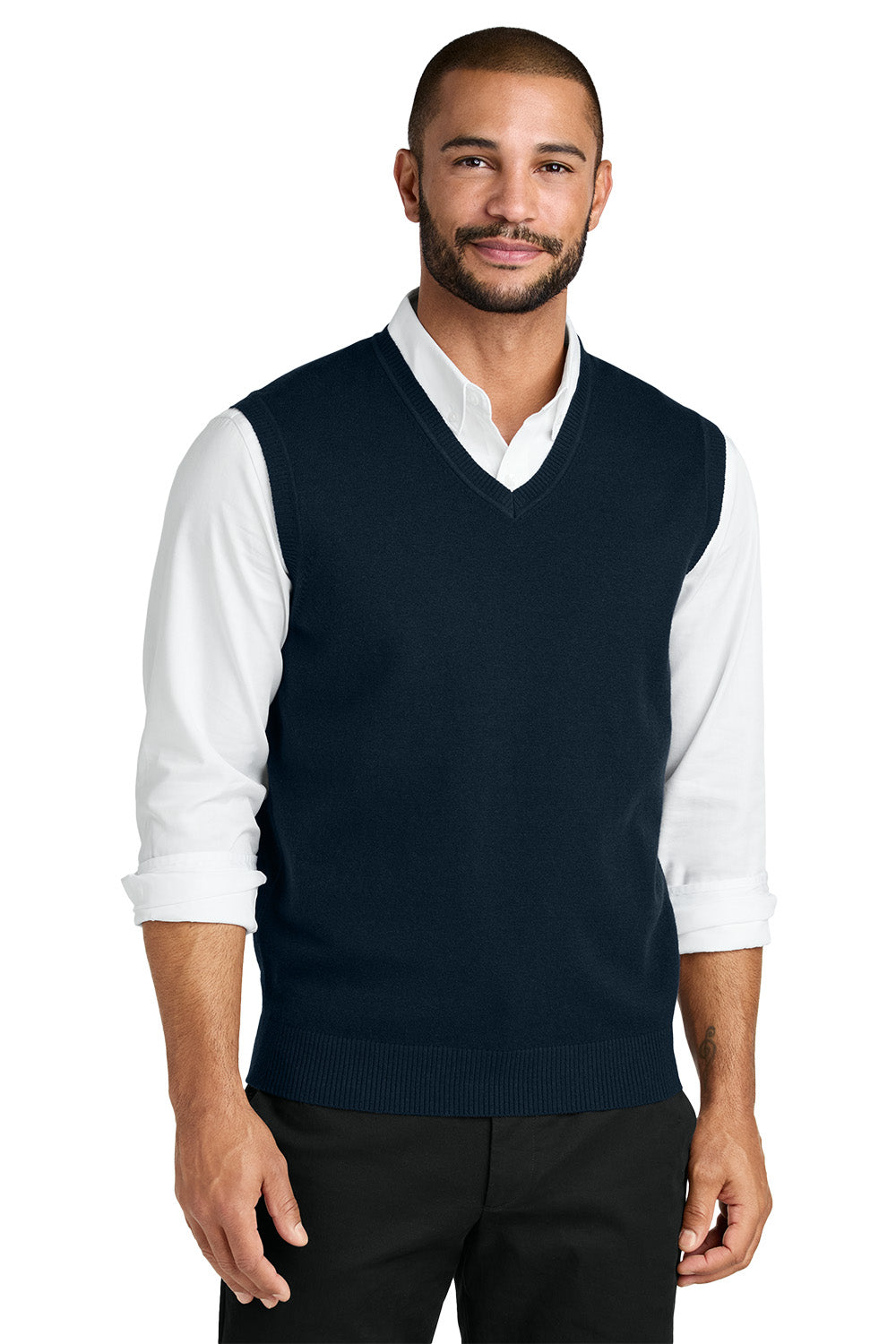 Man wearing a navy sweater vest over a white shirt on a white background. Port Authority® Easy Care Sweater Vest, Embroidered