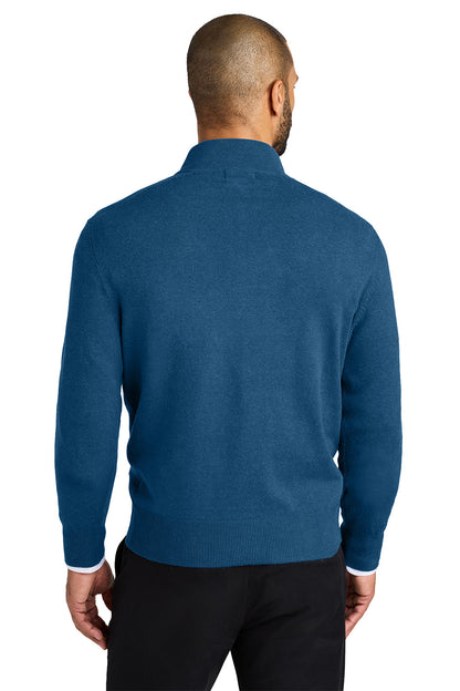 A man viewed from the back wearing a heathered blue knit quarter-zip sweater and black trousers, set against a plain white background. Port Authority® Easy Care 1/4-Zip Sweater, Embroidered