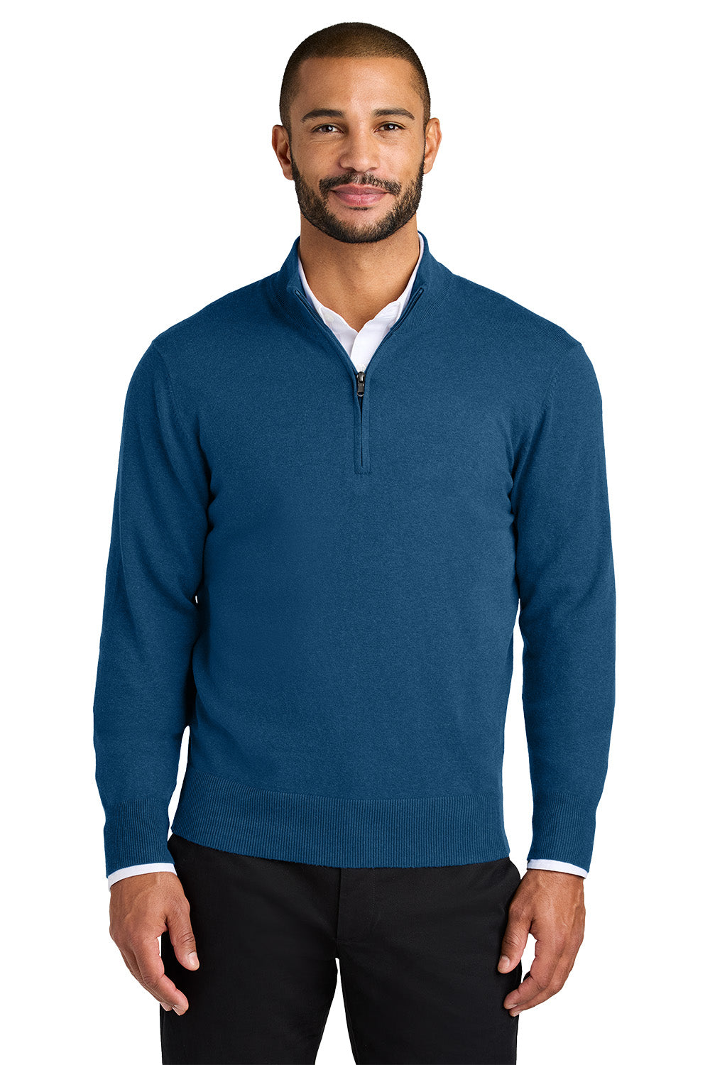 Man wearing a blue long-sleeve shirt with a white collar on a white background. Port Authority® Easy Care 1/4-Zip Sweater, Embroidered