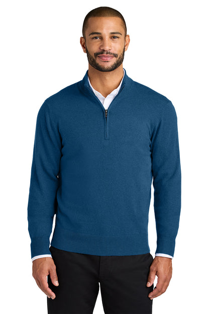 Man wearing a blue long-sleeve shirt with a white collar on a white background. Port Authority® Easy Care 1/4-Zip Sweater, Embroidered