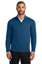 Man wearing a blue long-sleeve shirt with a white collar on a white background. Port Authority® Easy Care 1/4-Zip Sweater, Embroidered