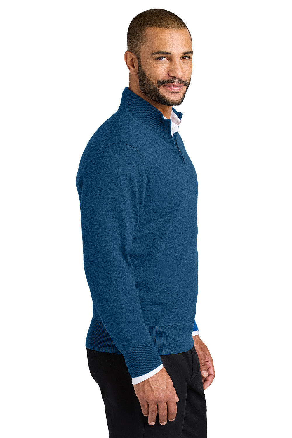 Man wearing a blue pullover with a white shirt underneath on a white background. Port Authority® Easy Care 1/4-Zip Sweater, Embroidered
