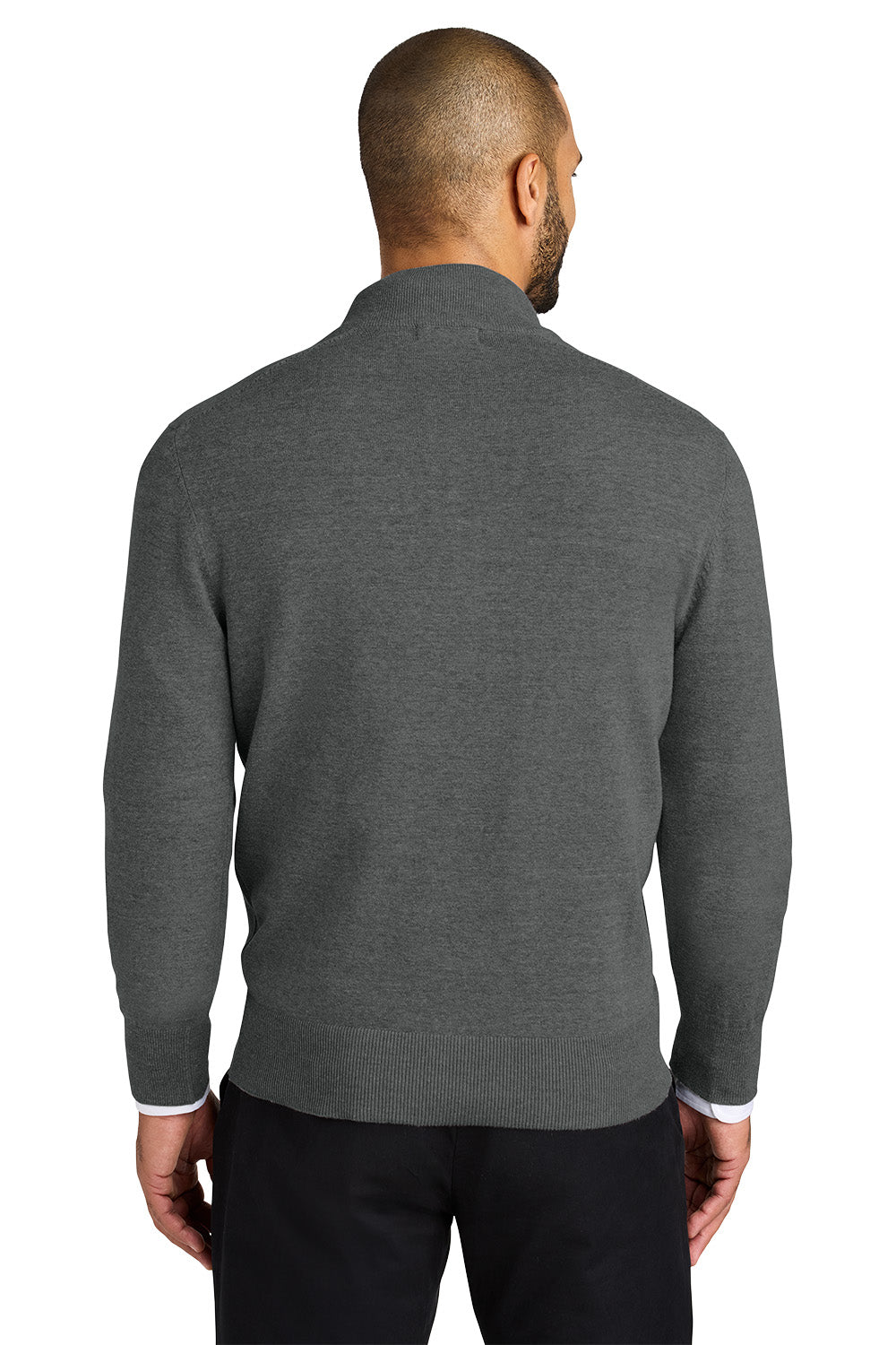 Man wearing a gray sweater from behind on a white background. Port Authority® Easy Care 1/4-Zip Sweater, Embroidered