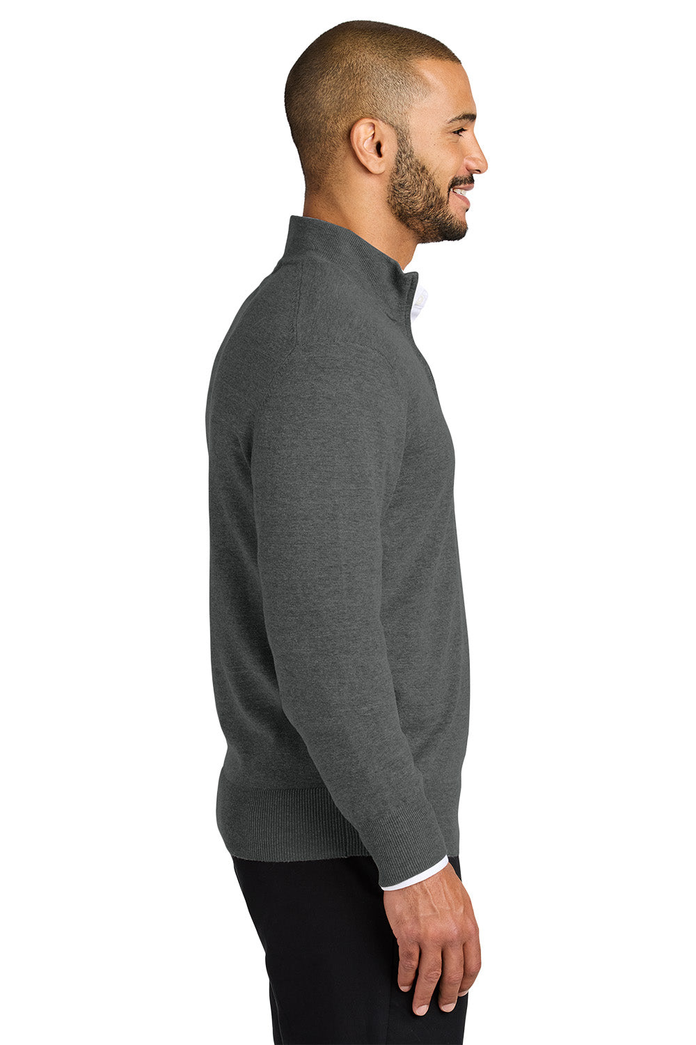 Man wearing a gray sweater with a white background. Port Authority® Easy Care 1/4-Zip Sweater, Embroidered
