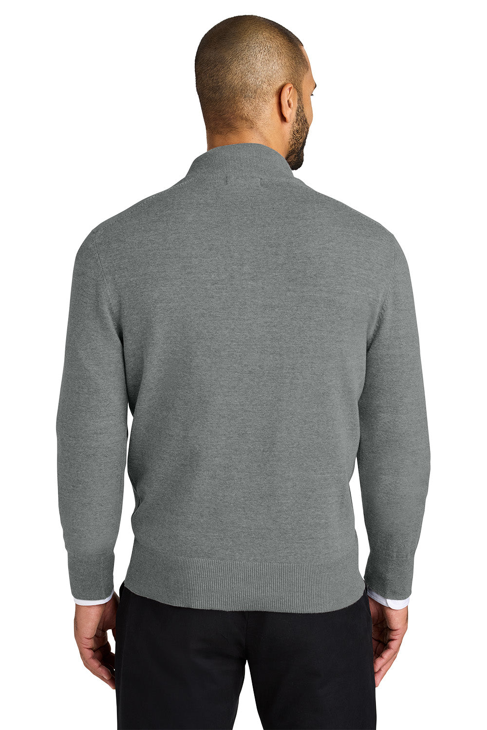 Man wearing a gray sweater on a white background. Port Authority® Easy Care 1/4-Zip Sweater, Embroidered