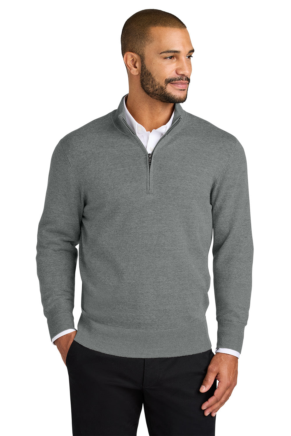 Man wearing a gray quarter-zip sweater with a white shirt underneath on a white background. Port Authority® Easy Care 1/4-Zip Sweater, Embroidered