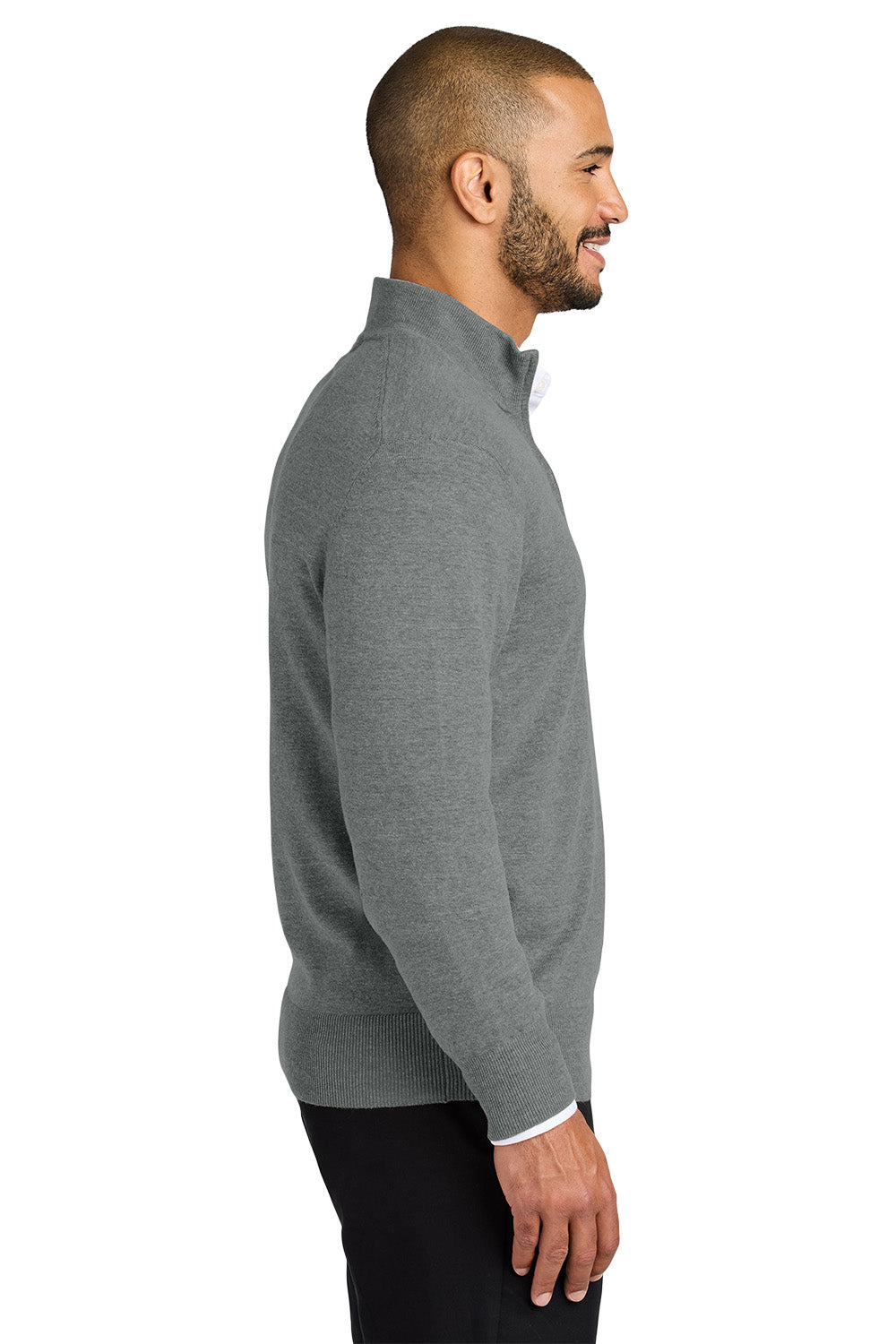 A man shown in profile wearing a heather gray mock neck sweater over a white collared shirt, paired with black pants, against a plain white background. Port Authority® Easy Care 1/4-Zip Sweater, Embroidered
