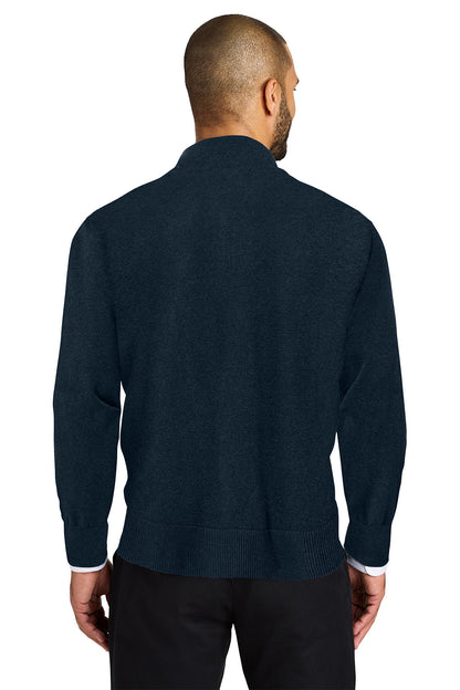 A man viewed from the back wearing a dark navy blue knit sweater over a white collared shirt and black trousers, against a plain white background. Port Authority® Easy Care 1/4-Zip Sweater, Embroidered