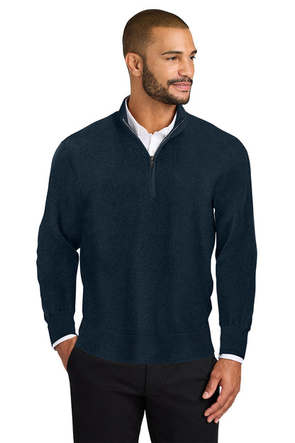 Man wearing a navy blue quarter-zip sweater on a white background. Port Authority® Easy Care 1/4-Zip Sweater, Embroidered