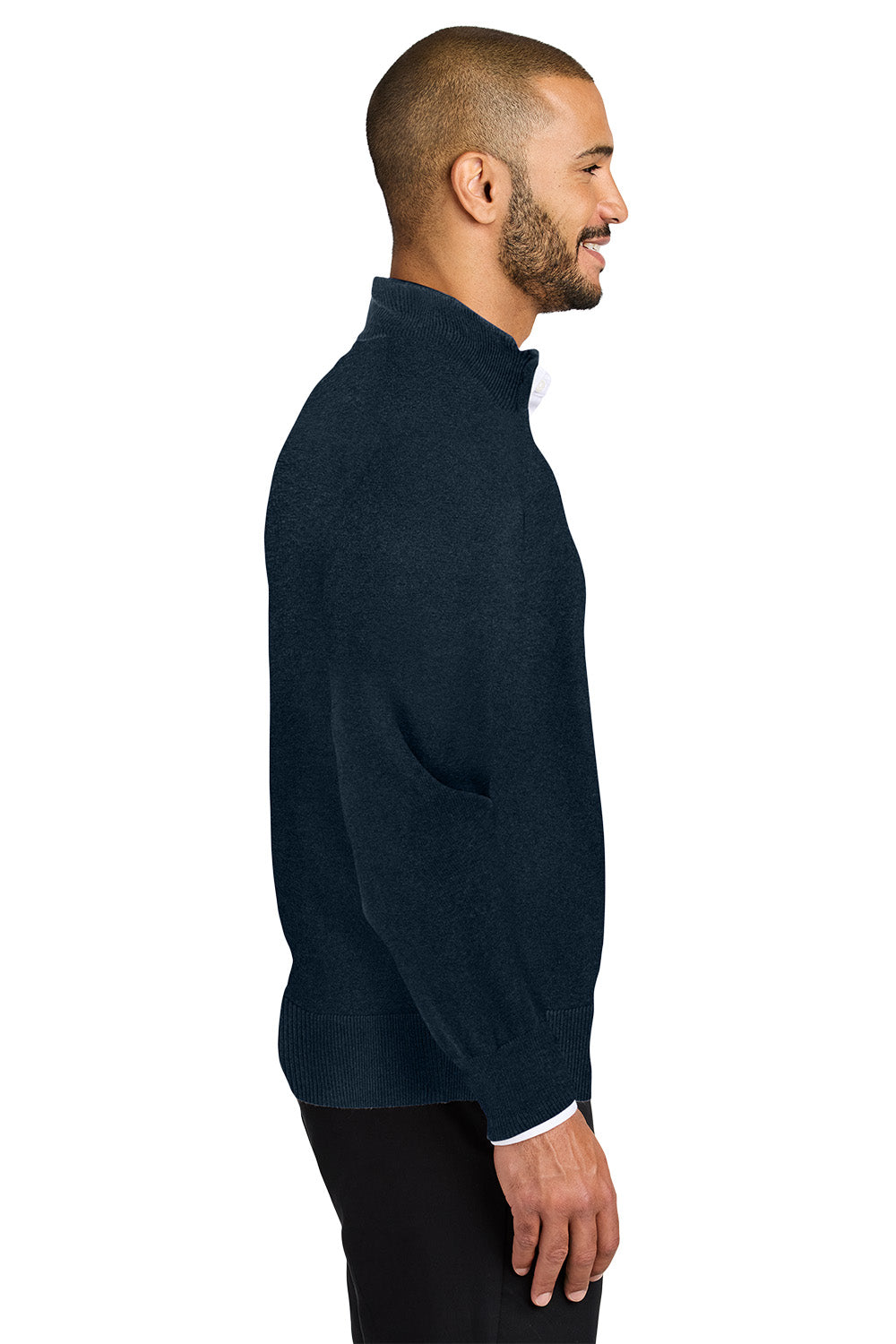 Man wearing a navy blue quarter-zip sweater on a white background. Port Authority® Easy Care 1/4-Zip Sweater, Embroidered