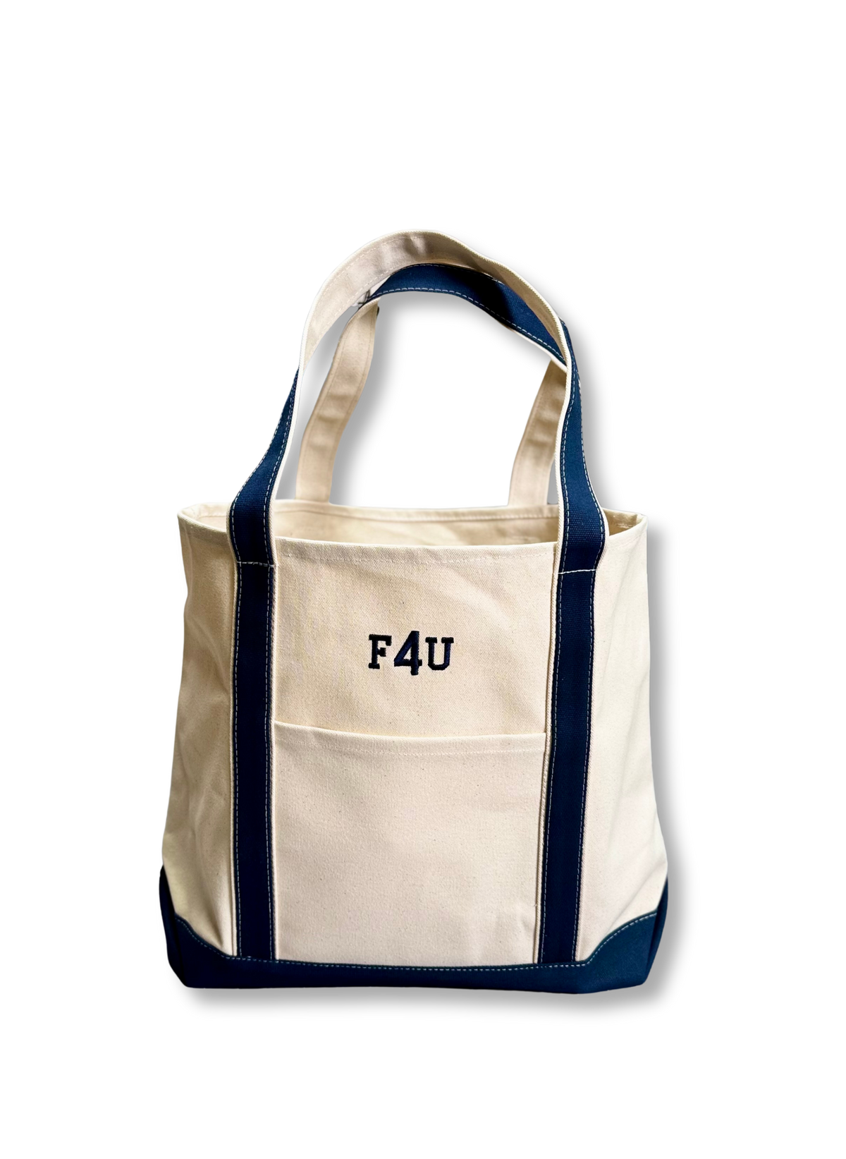 Custom Tote, Superior MI Tote, XL, Open Top, Helmsman Stitch Company. A cream canvas tote bag with navy blue trim and handles, featuring the text 'F4U' embroidered on the front pocket, set against a plain white background. Makes a great gift