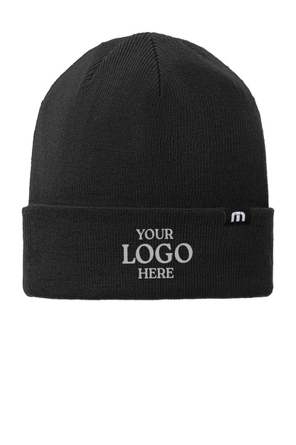 Black beanie with customizable logo area on a white background embroidered travis matthew beanie