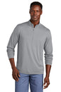 Man wearing a gray long-sleeve pullover with a quarter zip on a white background, embroidered TravisMathew Coto Performance 1/4-Zip