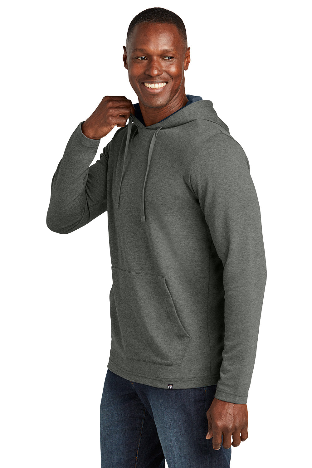 Man wearing a gray hoodie on a white background TravisMathew Coveside Hoodie, Embroidered