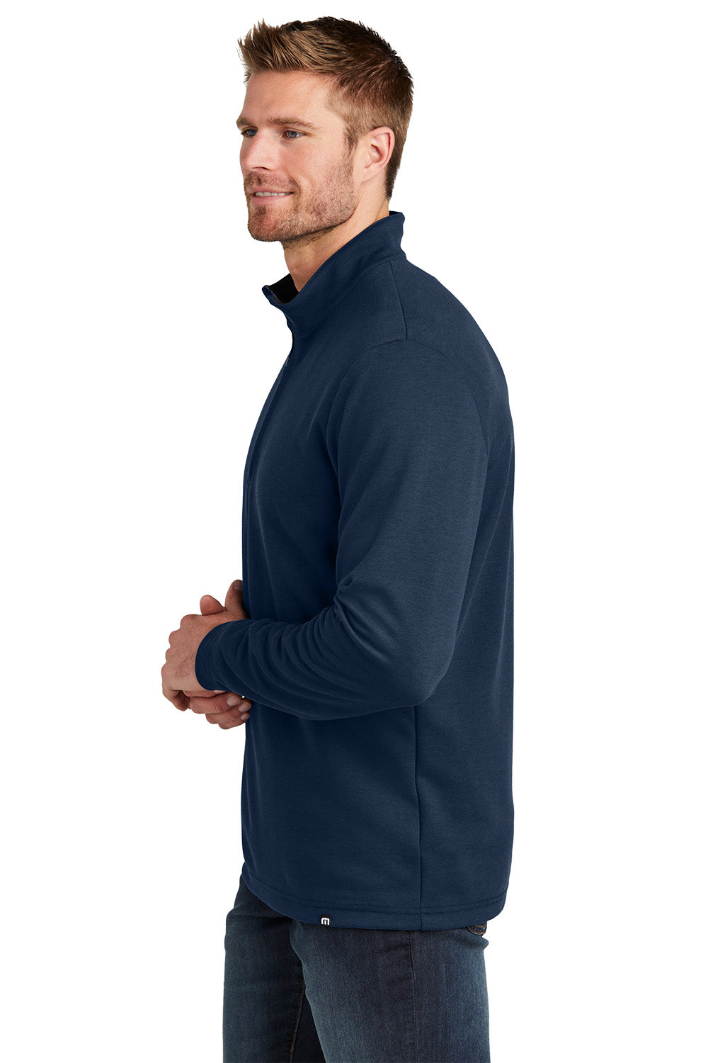 Man wearing a navy blue jacket on a white background TravisMathew Coveside 1/4-Zip, Embroidered