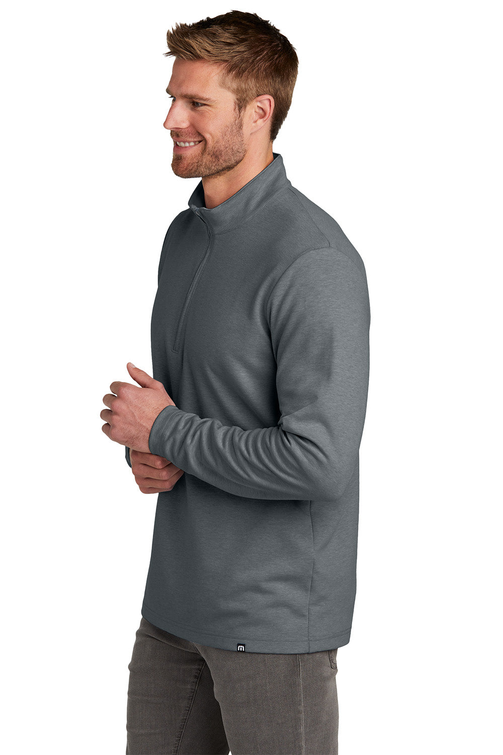 Man wearing a gray long-sleeve shirt on a white background TravisMathew Coveside 1/4-Zip, Embroidered