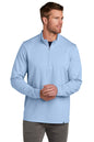 Man wearing a light blue pullover with a quarter zip on a white background TravisMathew Coveside 1/4-Zip, Embroidered