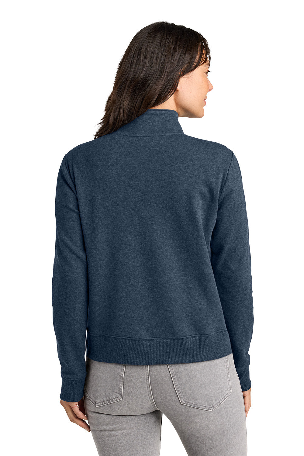 Woman wearing a navy blue sweater on a white background. TravisMathew Women's Ocean Villa 1/4-Zip, Embroidered